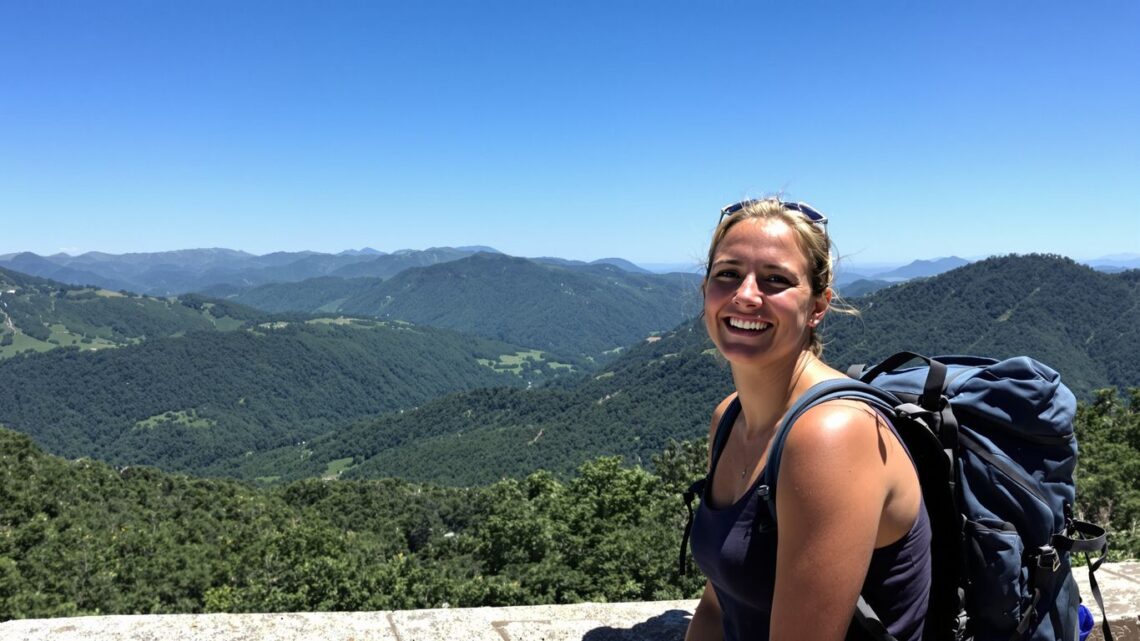 Solo female traveler enjoying a scenic mountain view.
