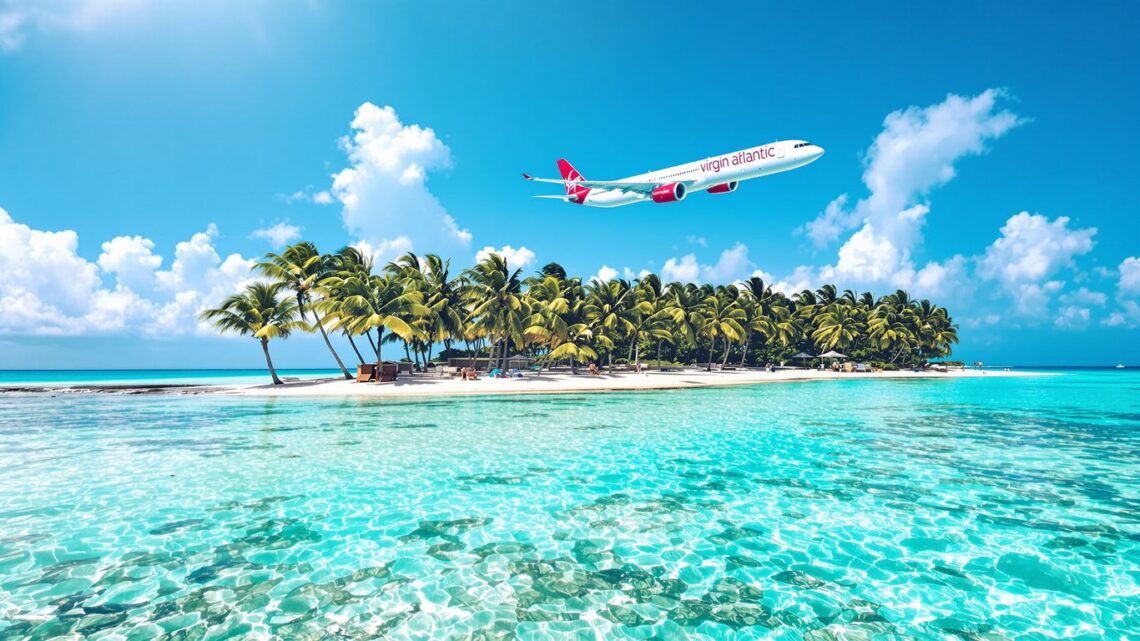 Tropical beach with Virgin Atlantic airplane in blue sky.