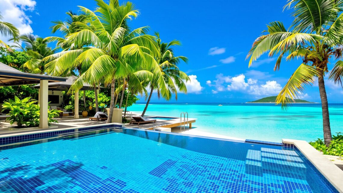 Tropical villa with pool and beach.