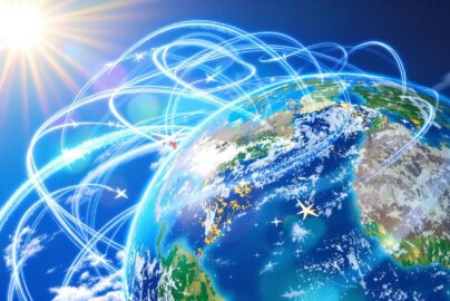 Globe with airplane trails, suggesting travel and discovery.