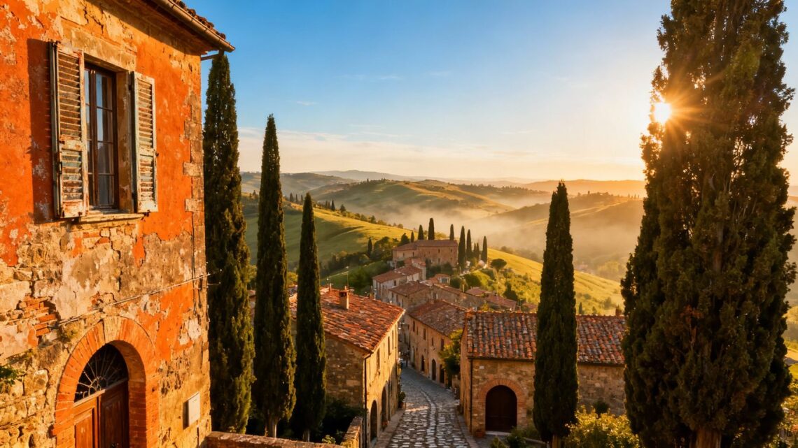 Tuscan hills and village for Italy holidays.