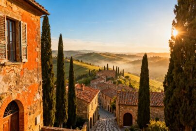 Tuscan hills and village for Italy holidays.