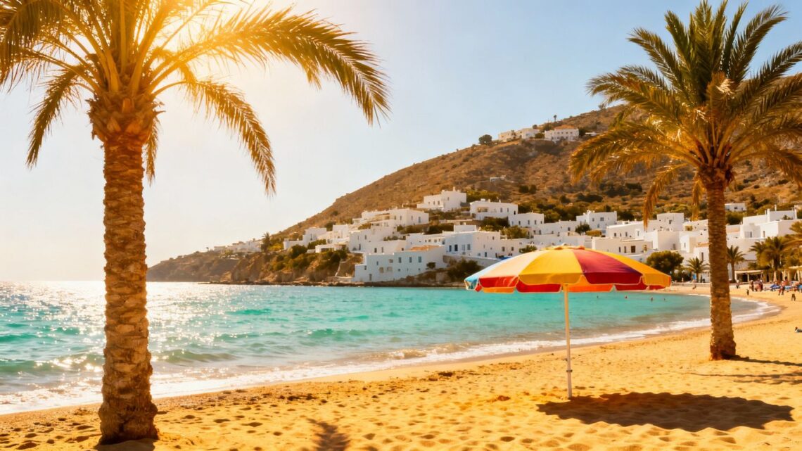 Sunny Spanish beach with palm trees and white buildings.