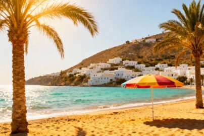 Sunny Spanish beach with palm trees and white buildings.