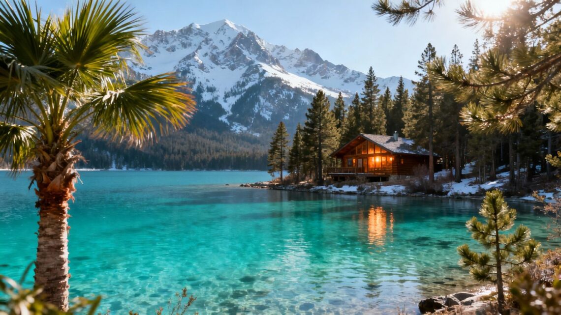 December holiday destinations: beach, mountains, cozy cabin.