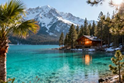 December holiday destinations: beach, mountains, cozy cabin.