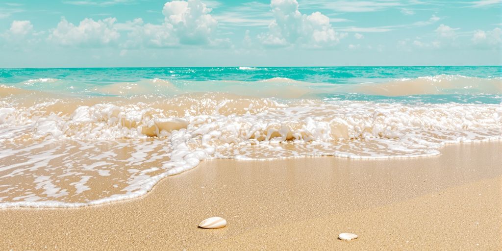 Sunny beach with palm trees and clear blue water.