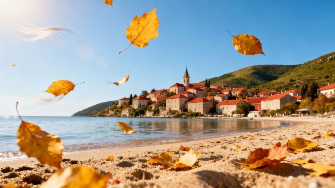 Autumn beach scene with village and golden leaves.