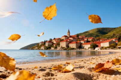 Autumn beach scene with village and golden leaves.