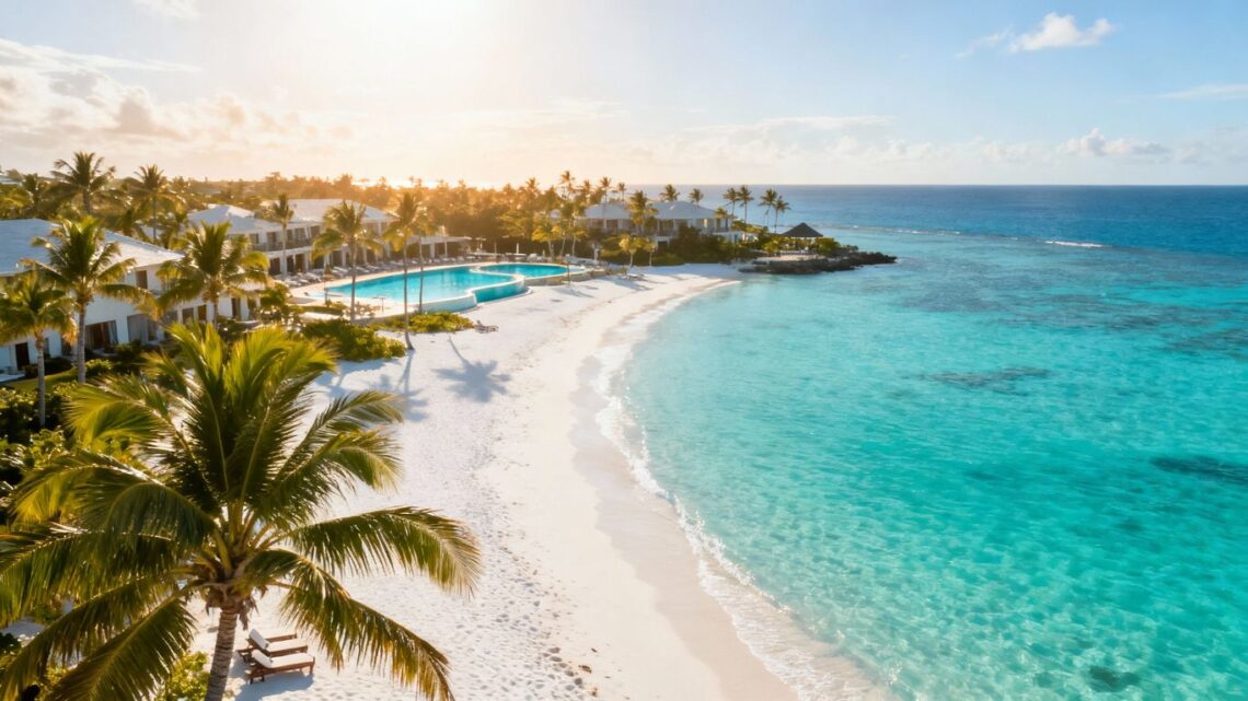 Dreamy beach with palm trees and resort.