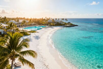 Dreamy beach with palm trees and resort.
