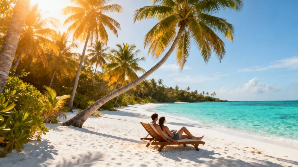 Sunny beach with palm trees and relaxing couple.