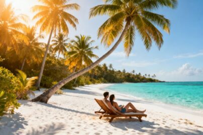 Sunny beach with palm trees and relaxing couple.