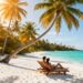 Sunny beach with palm trees and relaxing couple.