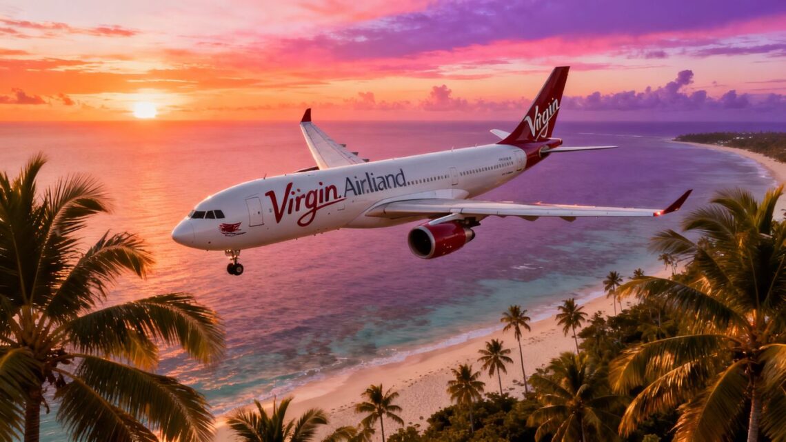 Virgin Atlantic plane flying over a tropical beach at sunset.
