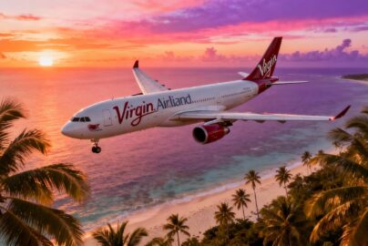 Virgin Atlantic plane flying over a tropical beach at sunset.