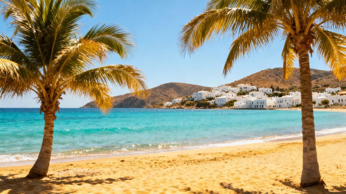 Sunny Spanish beach with palm trees and blue water.