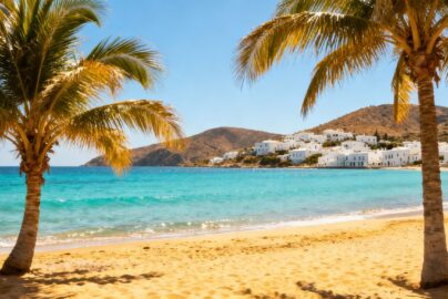 Sunny Spanish beach with palm trees and blue water.