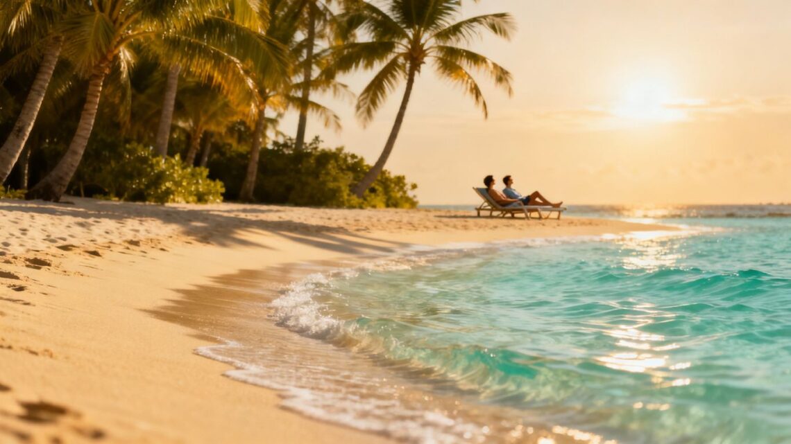 Sunny beach with palm trees and clear blue water.