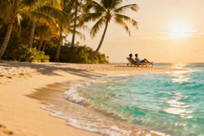 Sunny beach with palm trees and clear blue water.