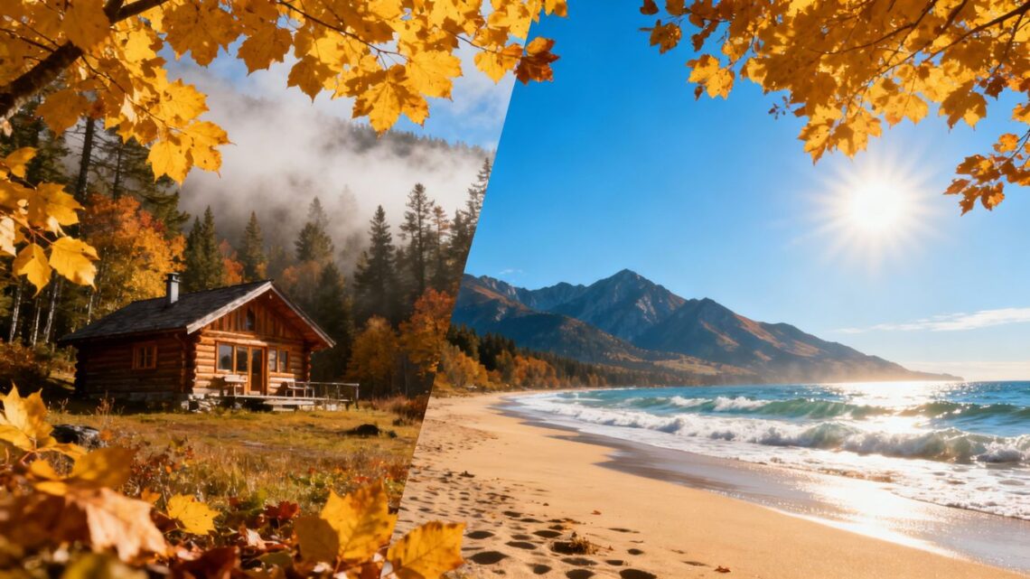 Autumn travel destinations: forest, beach, mountains.