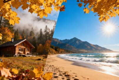 Autumn travel destinations: forest, beach, mountains.