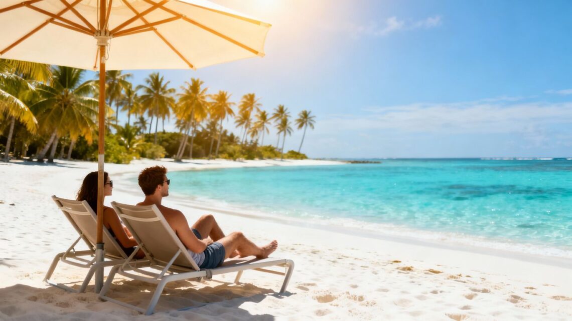 Tropical beach paradise with relaxing couple.