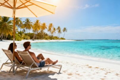 Tropical beach paradise with relaxing couple.