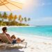 Tropical beach paradise with relaxing couple.