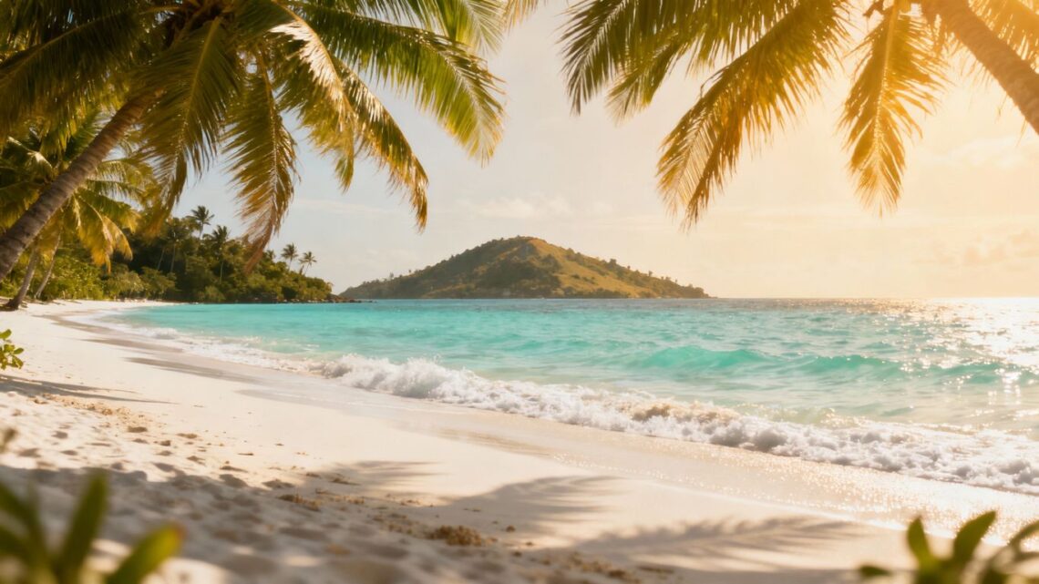 Sunny beach with palm trees and clear blue water.