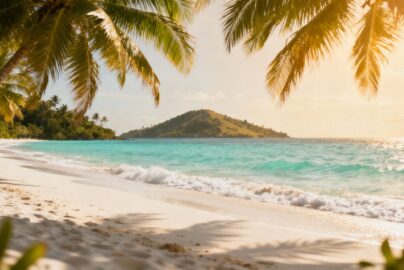 Sunny beach with palm trees and clear blue water.