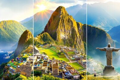 South American landmarks: Machu Picchu, Christ the Redeemer, Iguazu Falls