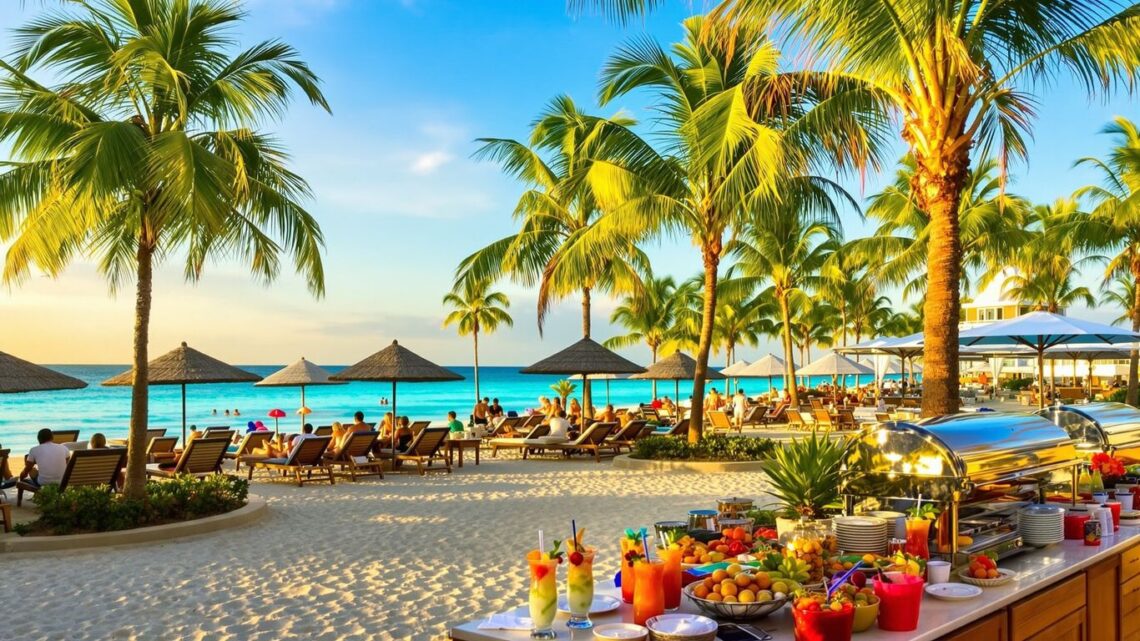 Beachfront resort with palm trees and guests relaxing