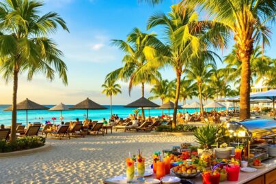 Beachfront resort with palm trees and guests relaxing