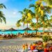 Beachfront resort with palm trees and guests relaxing