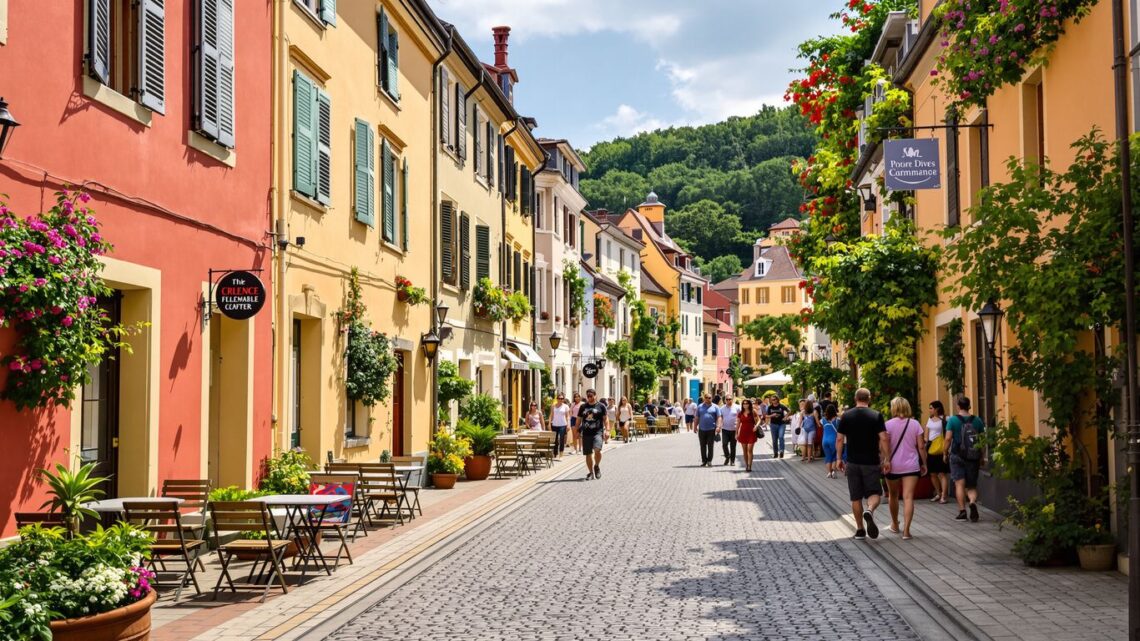 Charming European street with colorful old buildings and cafés.
