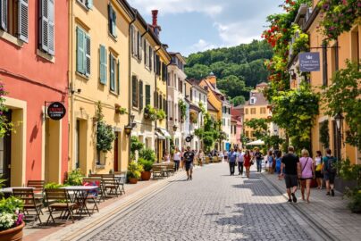 Charming European street with colorful old buildings and cafés.