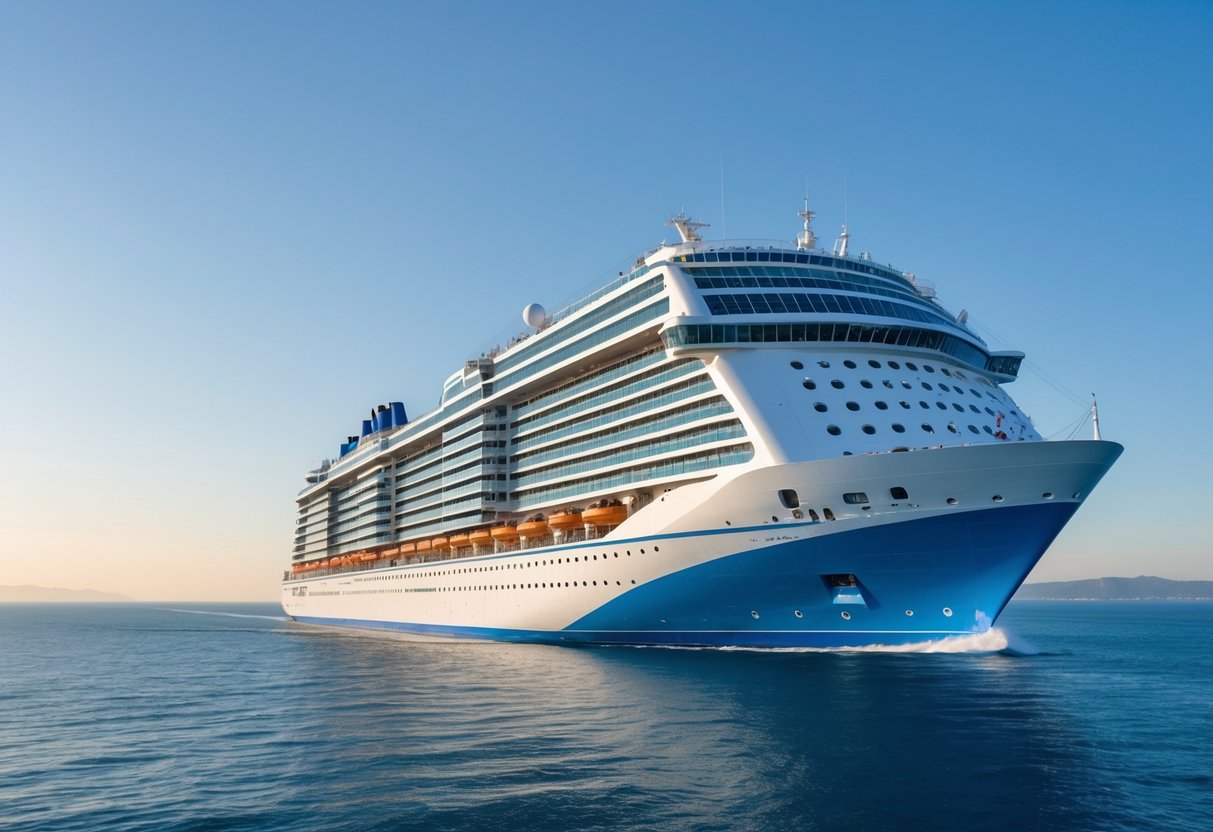 A large modern cruise ship sailing on calm ocean waters under a clear sky.