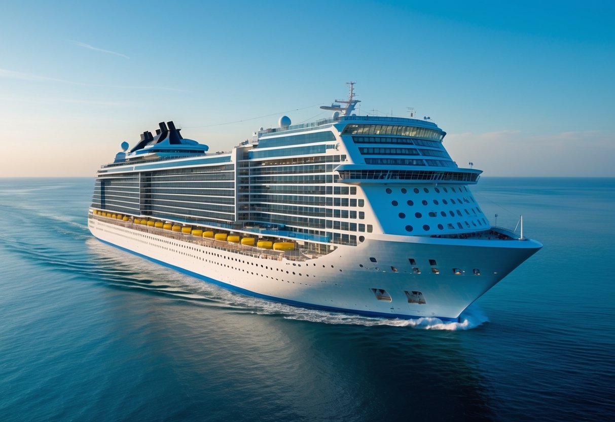 A large modern cruise ship sailing on calm ocean waters under a clear sky.