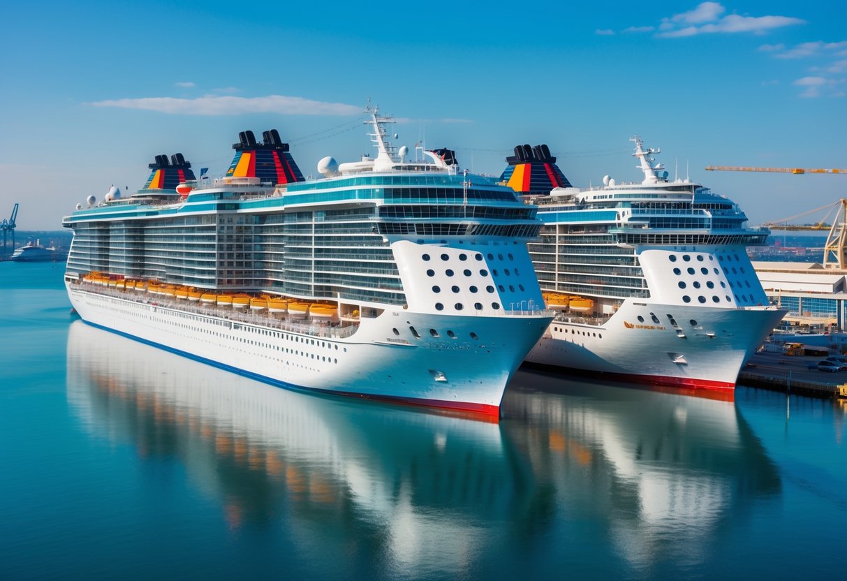 A panoramic view of ten large cruise ships docked side by side at a busy port under clear skies.