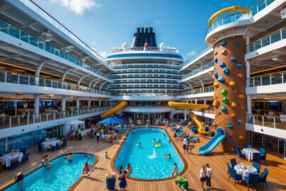 A large cruise ship deck with people enjoying swimming, dining, and climbing activities under a clear blue sky on calm ocean waters.