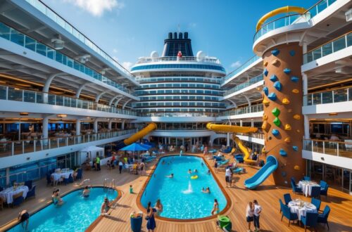 A large cruise ship deck with people enjoying swimming, dining, and climbing activities under a clear blue sky on calm ocean waters.