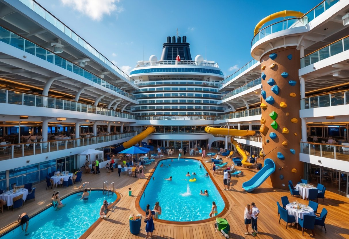 A large cruise ship deck with people enjoying swimming, dining, and climbing activities under a clear blue sky on calm ocean waters.