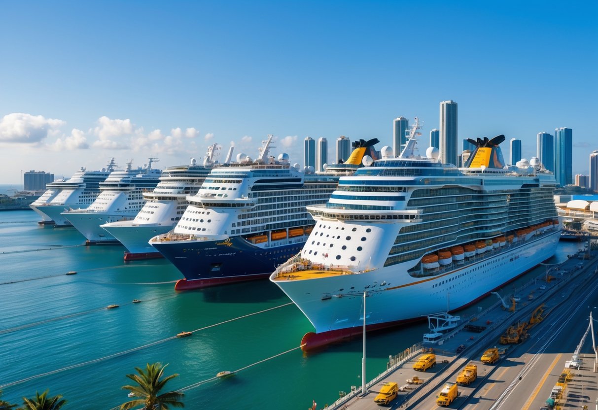 A clear daytime view of ten large cruise ships docked side by side at a busy port with a city skyline in the background.