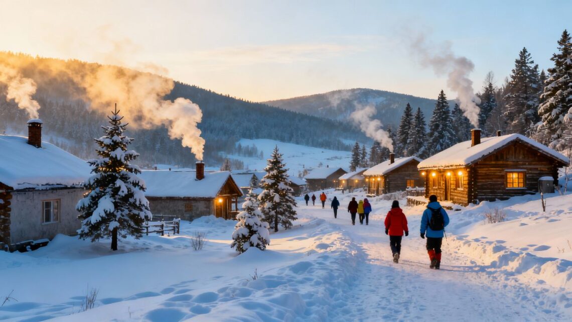 Snowy village with cabins and travelers in winter.