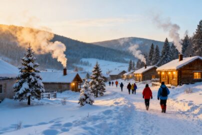 Snowy village with cabins and travelers in winter.