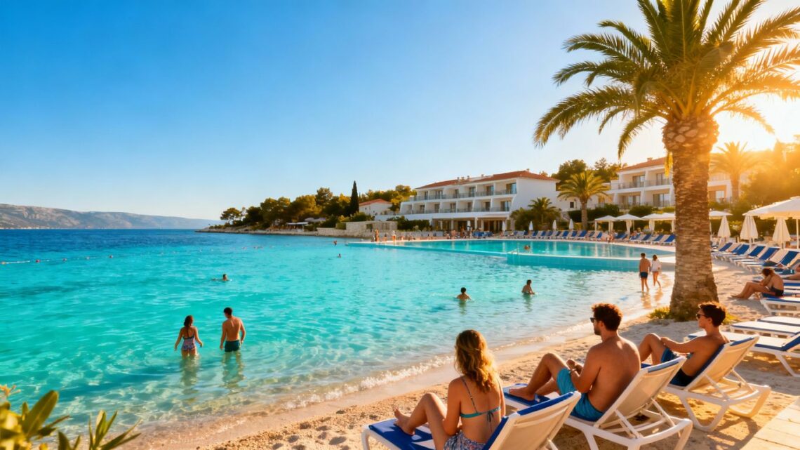 Croatian resort beach with pools and relaxing guests