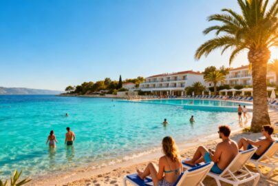 Croatian resort beach with pools and relaxing guests