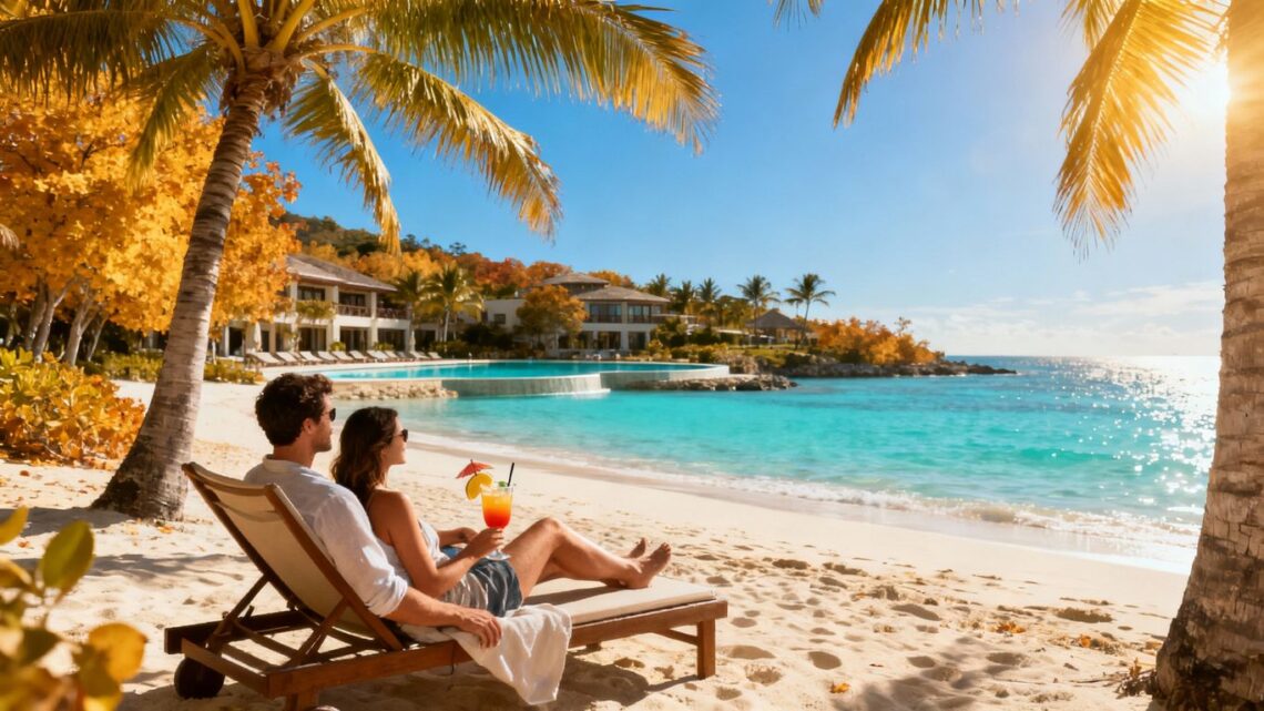 Couple relaxing at tropical beach resort in September