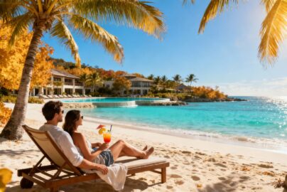 Couple relaxing at tropical beach resort in September
